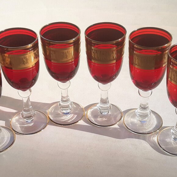 VTG Wine/Sherry Cordial Glasses Ruby Red Gilded with Clear Stem 1950s Set of 6 - Picture 12 of 12